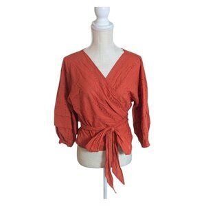 Forever 21 Rust Orange Eyelet Cotton Puff Sleeve Wrap Top S